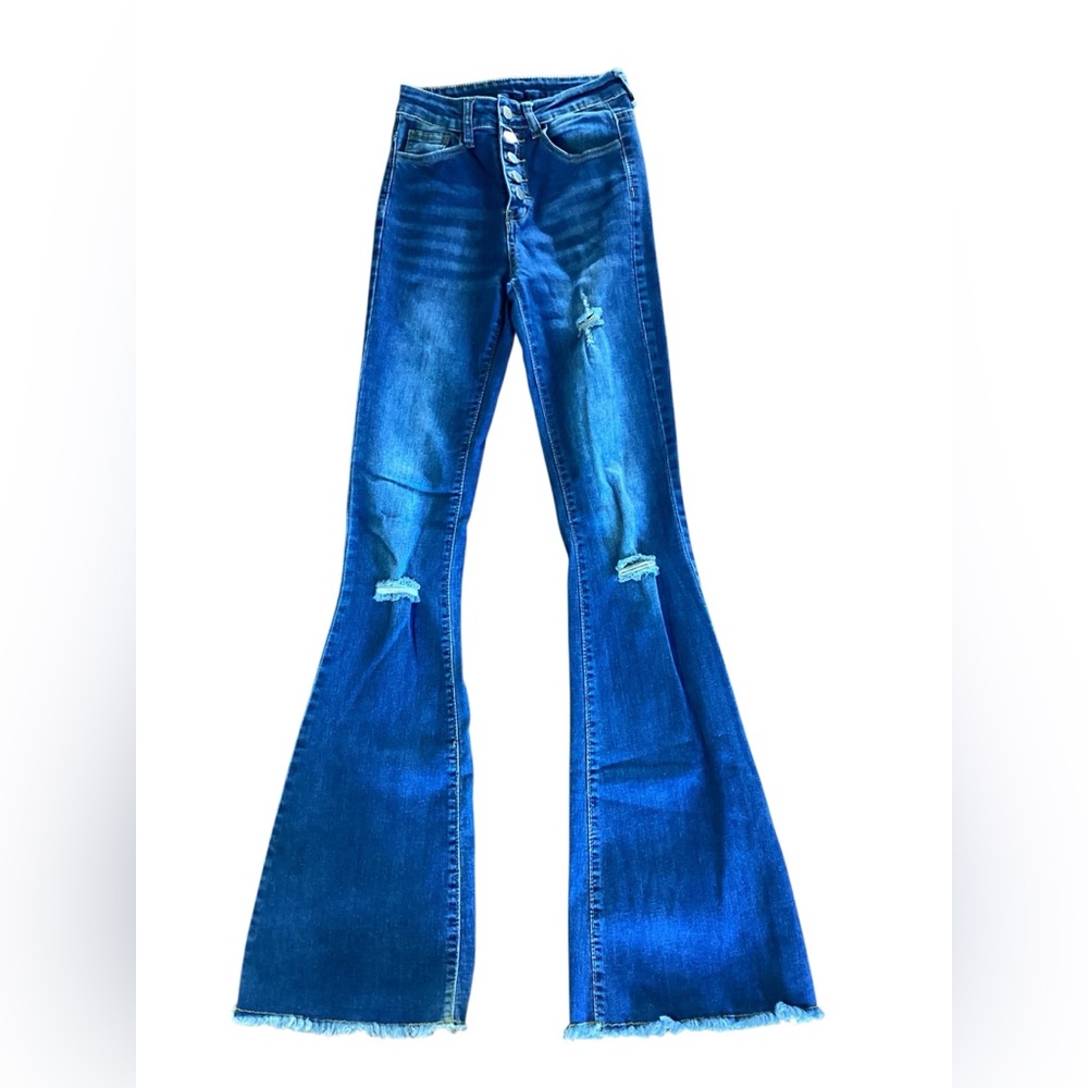 SHEIN Distressed Dark Blue High-Rise Flare Jeans Size XS 5 button front
